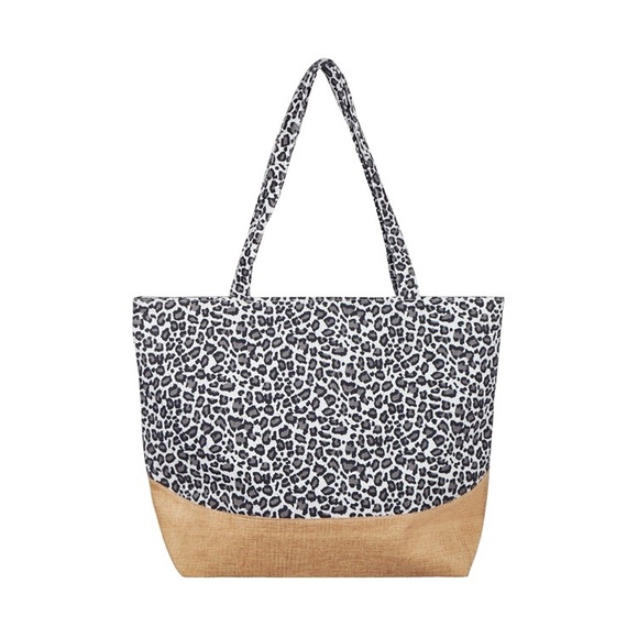 Leopard Print Jute Oversized Tote Bag - Picture 2 of 4